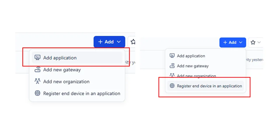 The Things Stack Add menu showing Add application and Register end device in an application