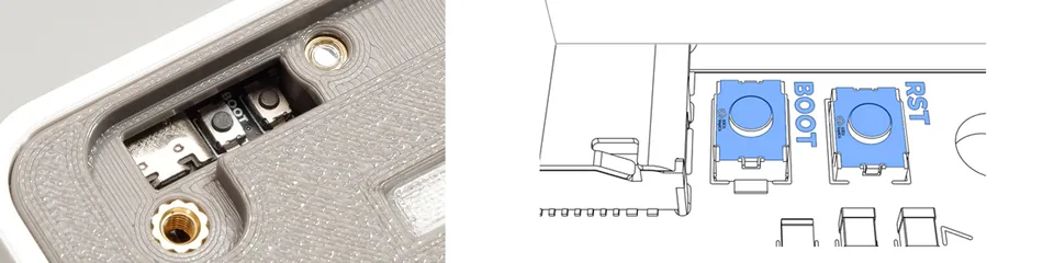 Photo and diagram of the RESET and BOOT buttons on the first channel set
