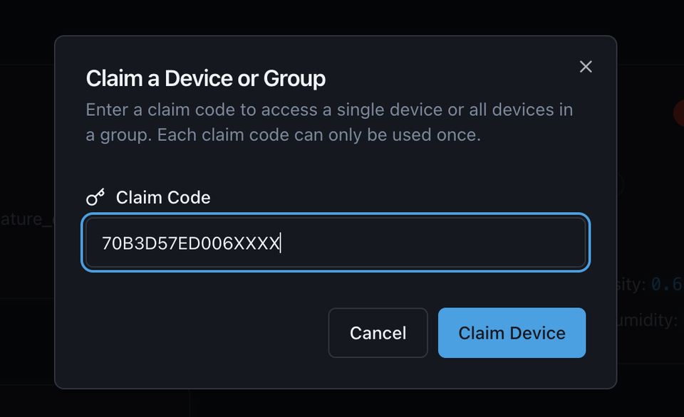 Entering DevEUI into the Claim Code field