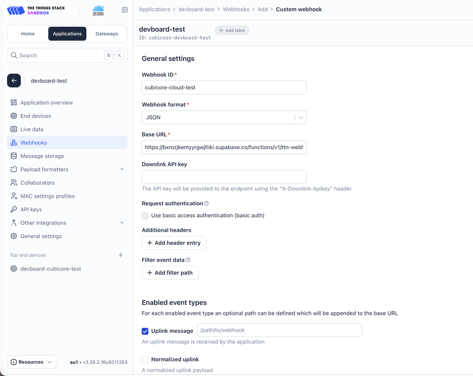 Configuring custom webhook parameters in TTN