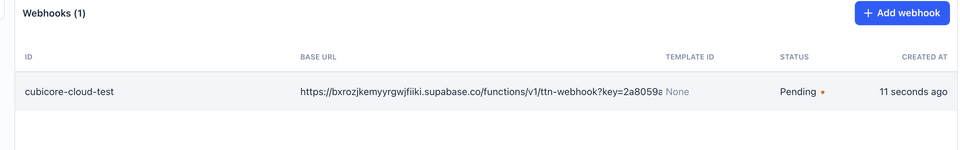Custom webhook created with Pending status in TTN