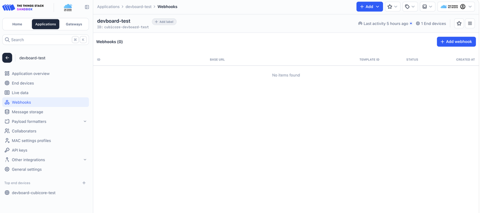 Locating the Webhooks menu item in TTN Application