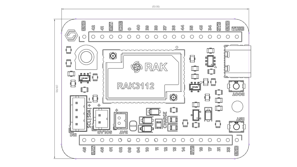 Cubicore Devboard mechanical drawing — board outline, dimensions, and component placement