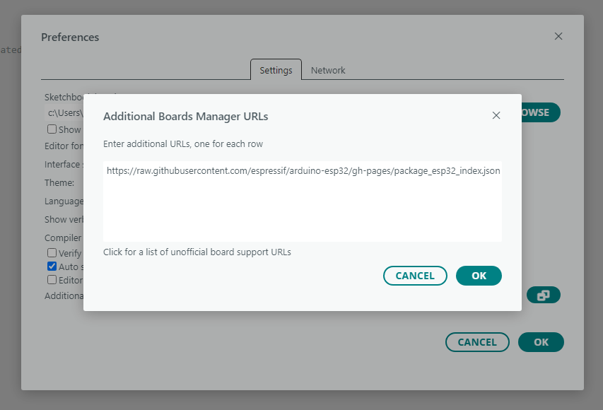 Adding the Espressif board manager URL in Arduino IDE Preferences