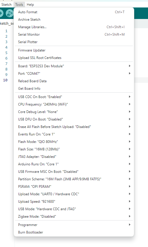 Arduino IDE Tools menu configured for the Cubicore Devboard