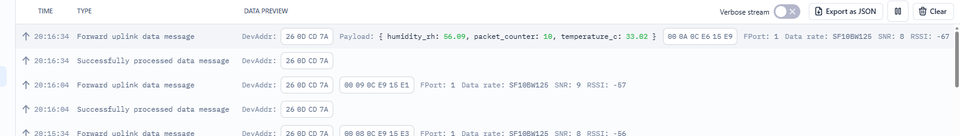 Decoded JSON payload containing packet counter, temperature, and relative humidity in TTN Live Data