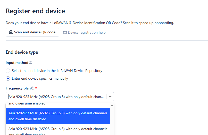 Selecting manual device registration and the AS923 Group 3 frequency plan