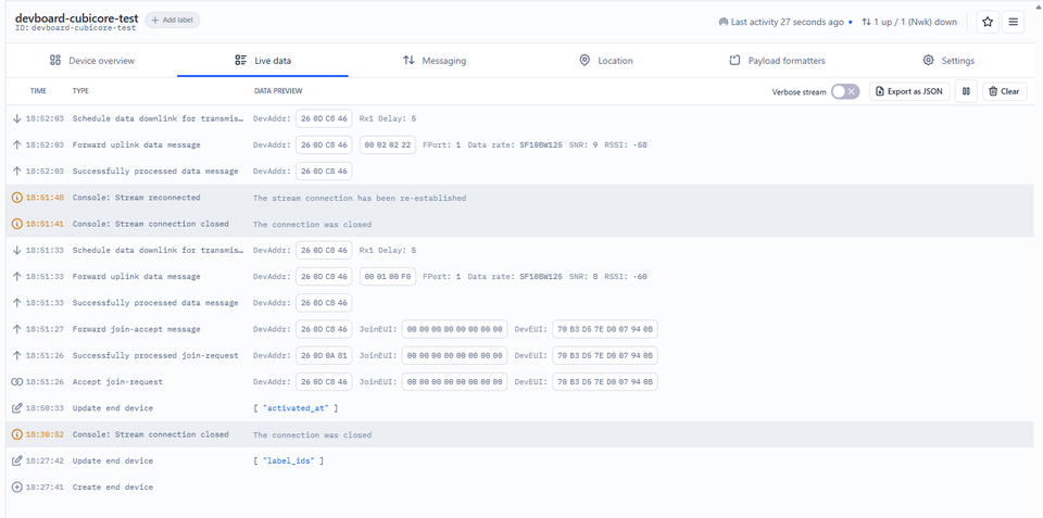 TTN Live Data view showing Join Request, Join Accept, and uplink messages