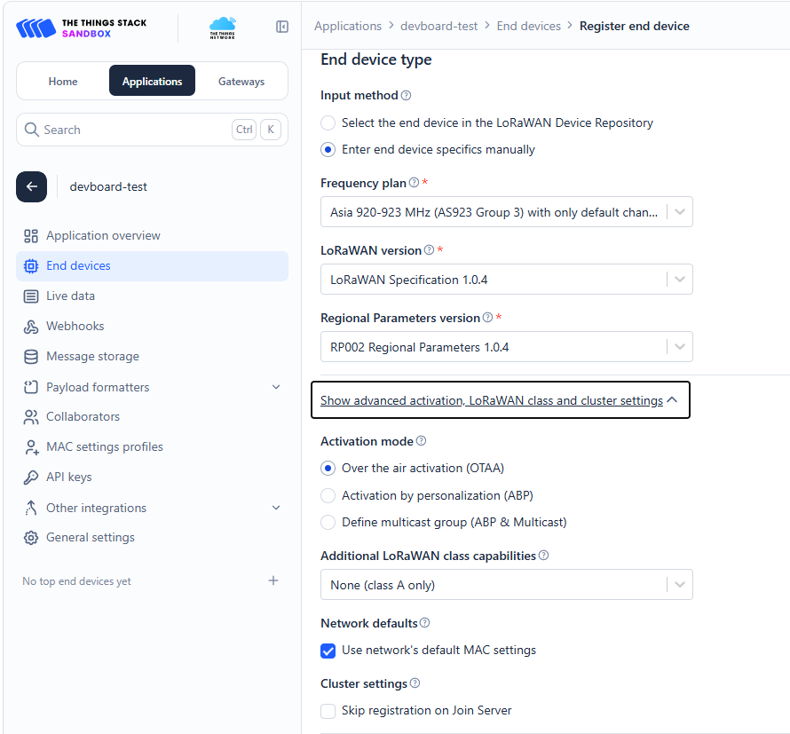Configuring LoRaWAN version, regional parameters, and OTAA mode in TTN