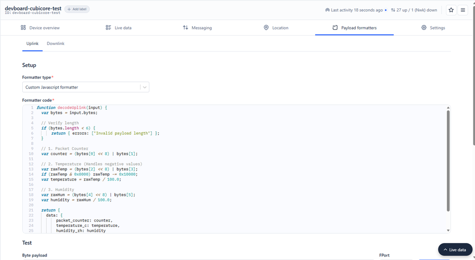Entering the custom JavaScript uplink decoder in the Payload formatters tab
