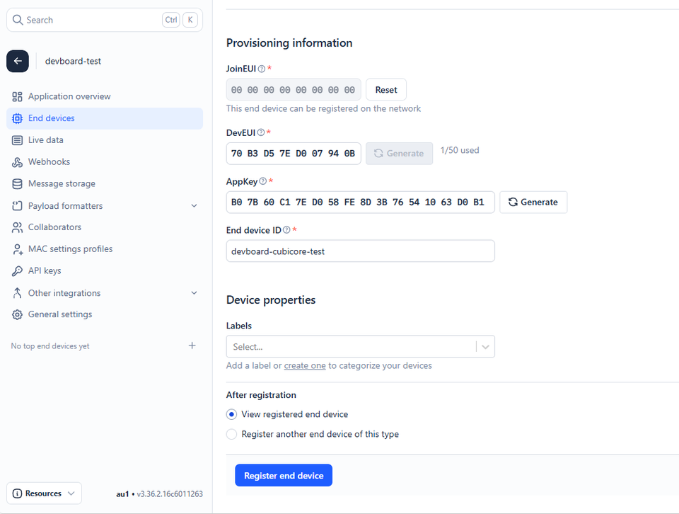 Provisioning JoinEUI, DevEUI, AppKey, and completing end device registration