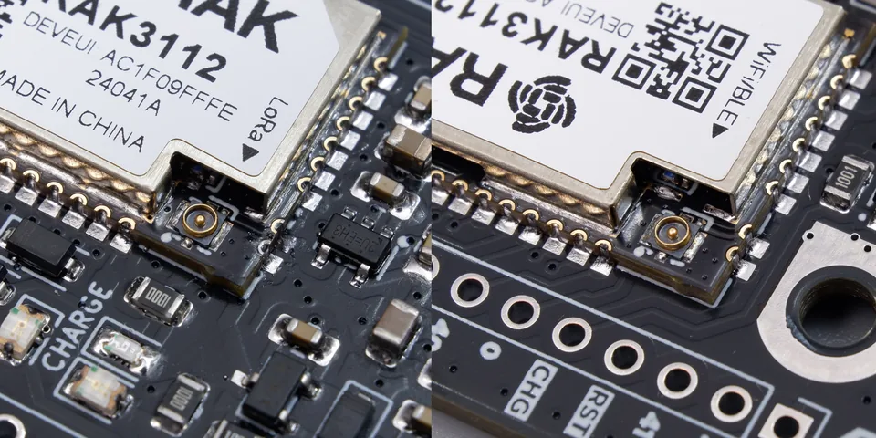 The two MHF4 (IPEX) connectors on the RAK3112 module — LoRa and Wi-Fi/BLE