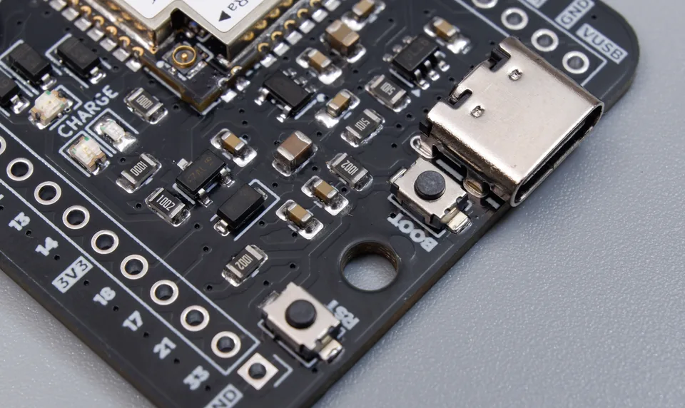 USB-C connector, BOOT button, and RST button on the Cubicore Devboard