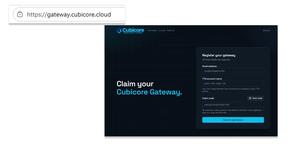 The Cubicore Gateway Claim Portal page with Email address, TTN User ID, and Claim code fields