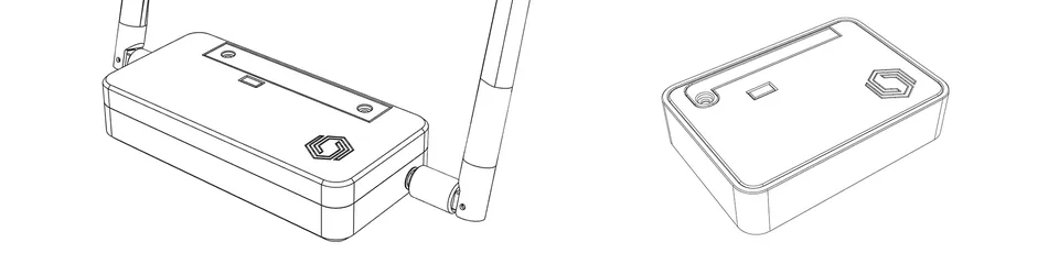 Technical line drawing of the Cubicore Gateway Hub with two antennas and the compact Gateway Pocket