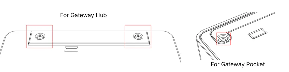 Screw layout on the top button cover showing two screws on the Gateway Hub and one on the Gateway Pocket