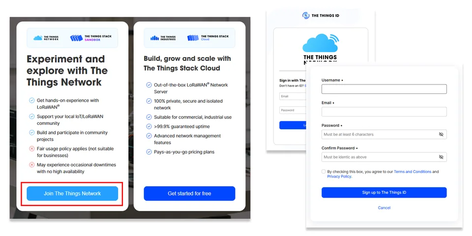 The Things Network sign-up options and The Things ID account registration form