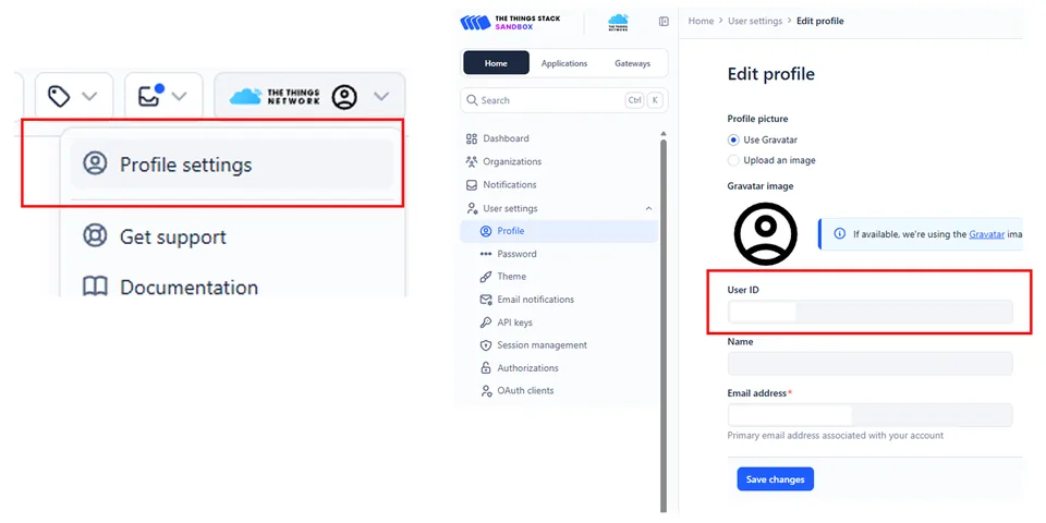 The Things Stack edit profile page showing where the TTN User ID is located