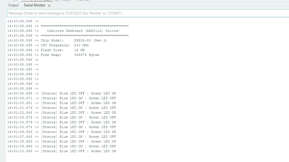 Serial Monitor showing RAK RUI3-compatible AT command modem output
