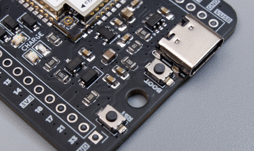 USB-C connector, BOOT button, and RST button on the Cubicore Devboard